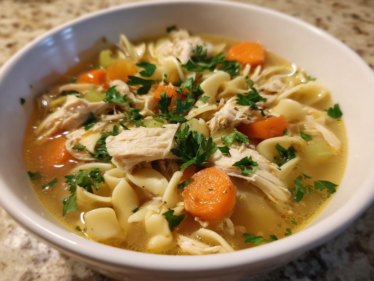 A close-up shot of a white bowl filled with rich broth, shredded chicken, egg noodles, carrots, and parsley, showcasing the slow cooker chicken noodle soup.
