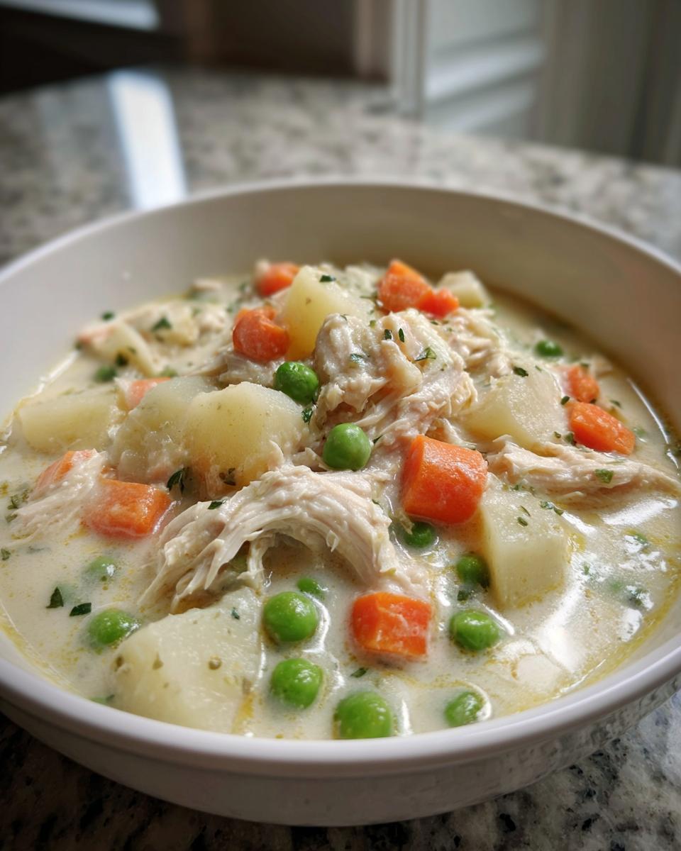 Close-up of a hearty bowl of slow cooker chicken stew with shredded chicken, potatoes, carrots, and peas in a creamy sauce.