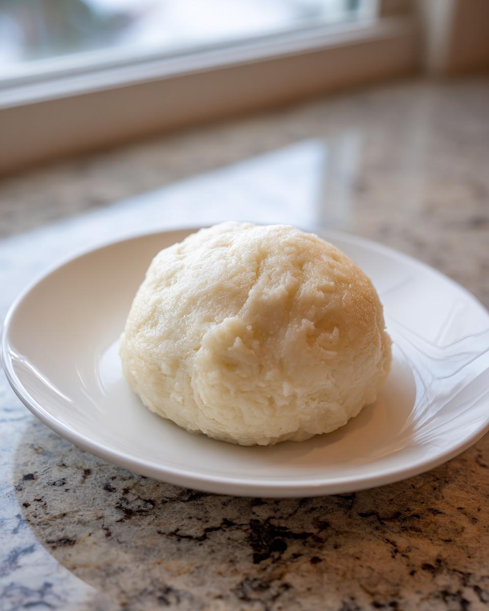 A single, smooth ball of white fufu resting on a small white plate, ready to eat.
