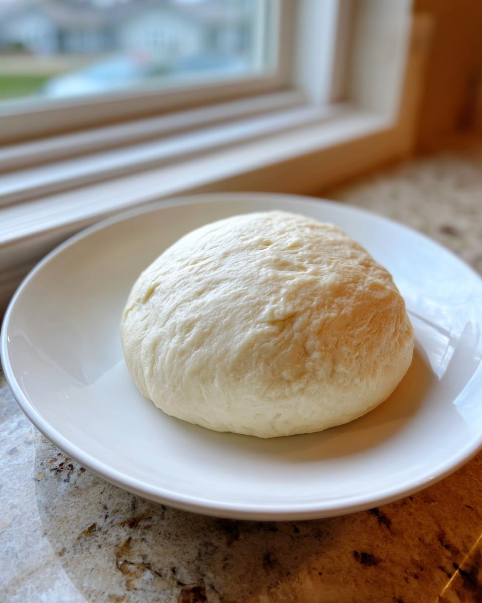 A smooth, pale ball of freshly made fufu dough resting on a white plate near a window.