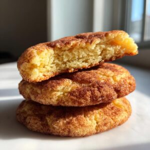 Stack of three snickerdoodle cookies, with the top one broken open to show the soft, chewy interior.