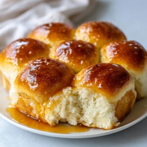 A close-up of soft rolls baked together, glistening with a honey glaze, one roll pulled apart showing the fluffy interior.
