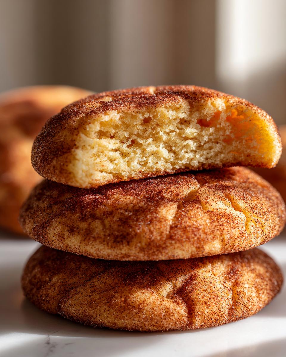 A stack of three soft, chewy snickerdoodle cookies, with the top one broken in half showing the texture.