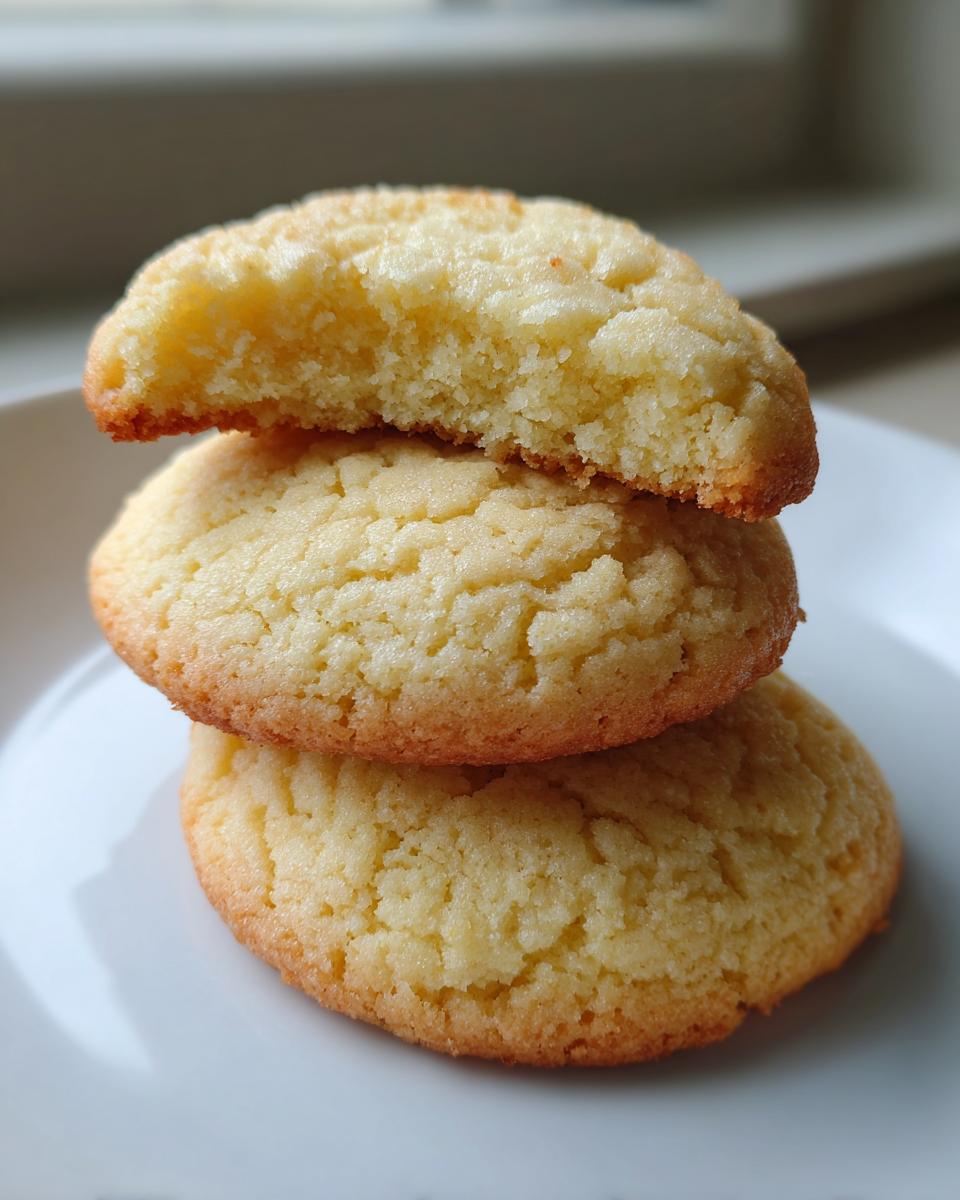 A stack of three soft, golden-brown sugar cookies, with the top one broken in half to show the texture.