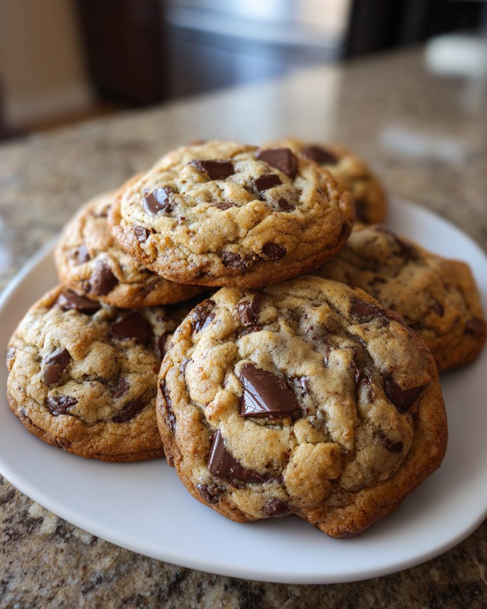A stack of freshly baked, thick sourdough chocolate chip cookies piled on a white plate.