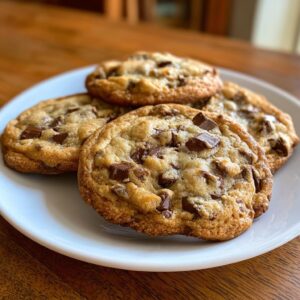 Close-up of several freshly baked sourdough chocolate chip cookies piled on a white plate.