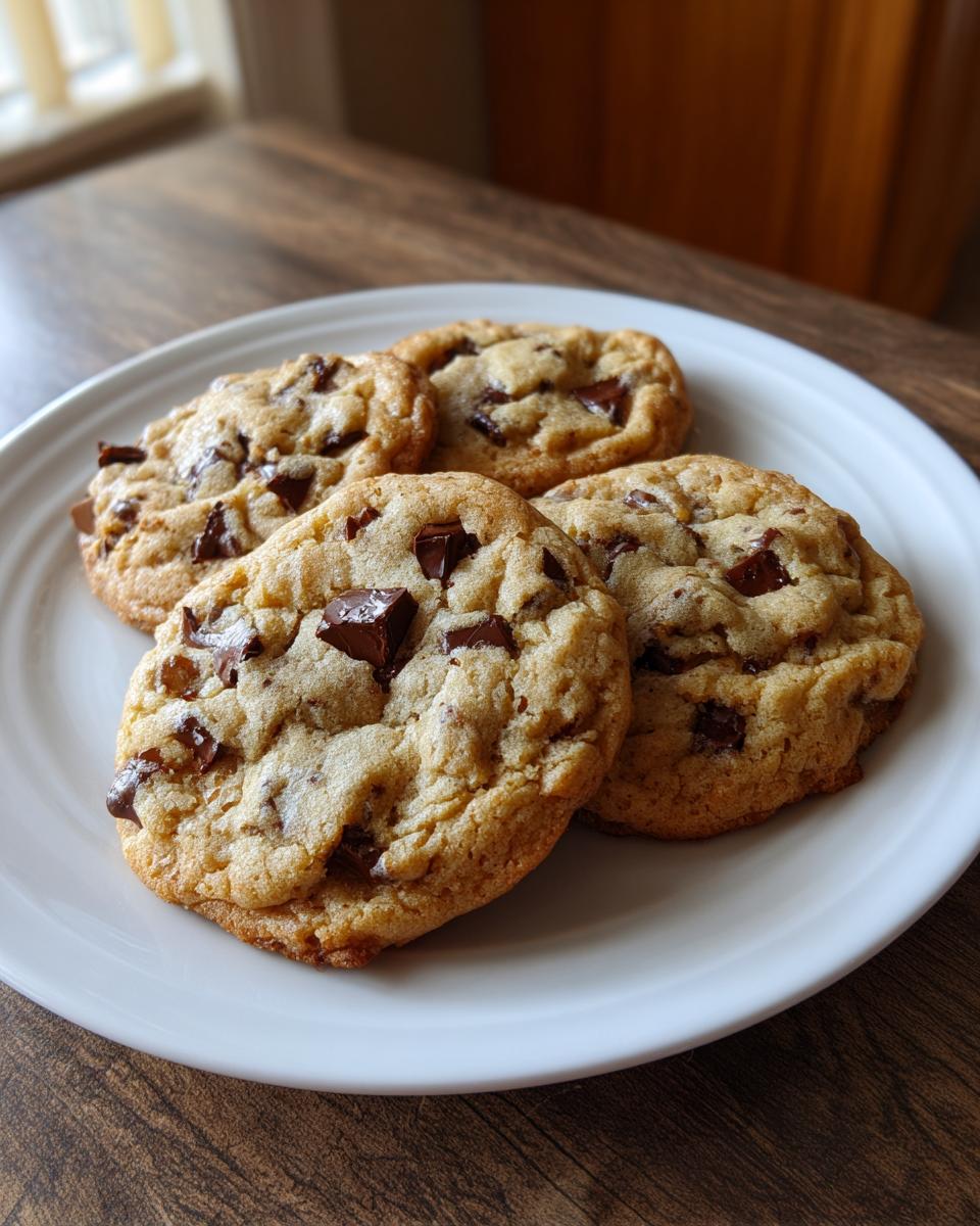 Four thick, golden sourdough chocolate chip cookies loaded with dark chocolate chunks, served on a white plate.