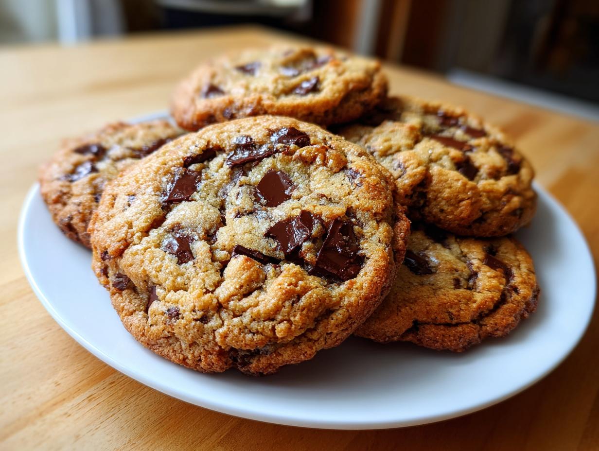 A stack of freshly baked, chewy sourdough chocolate chip cookies piled on a white plate.