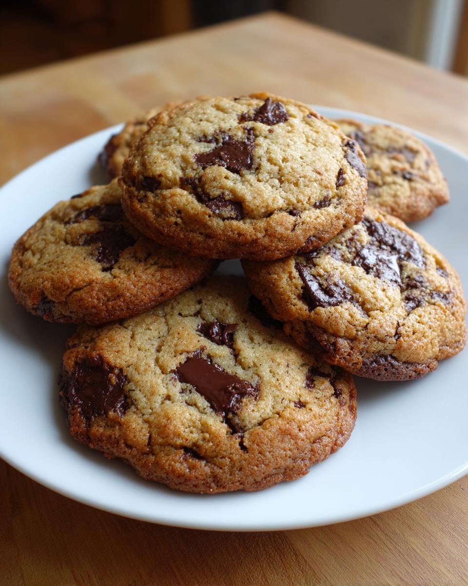 A close-up of several golden-brown sourdough chocolate chip cookies piled on a white plate.