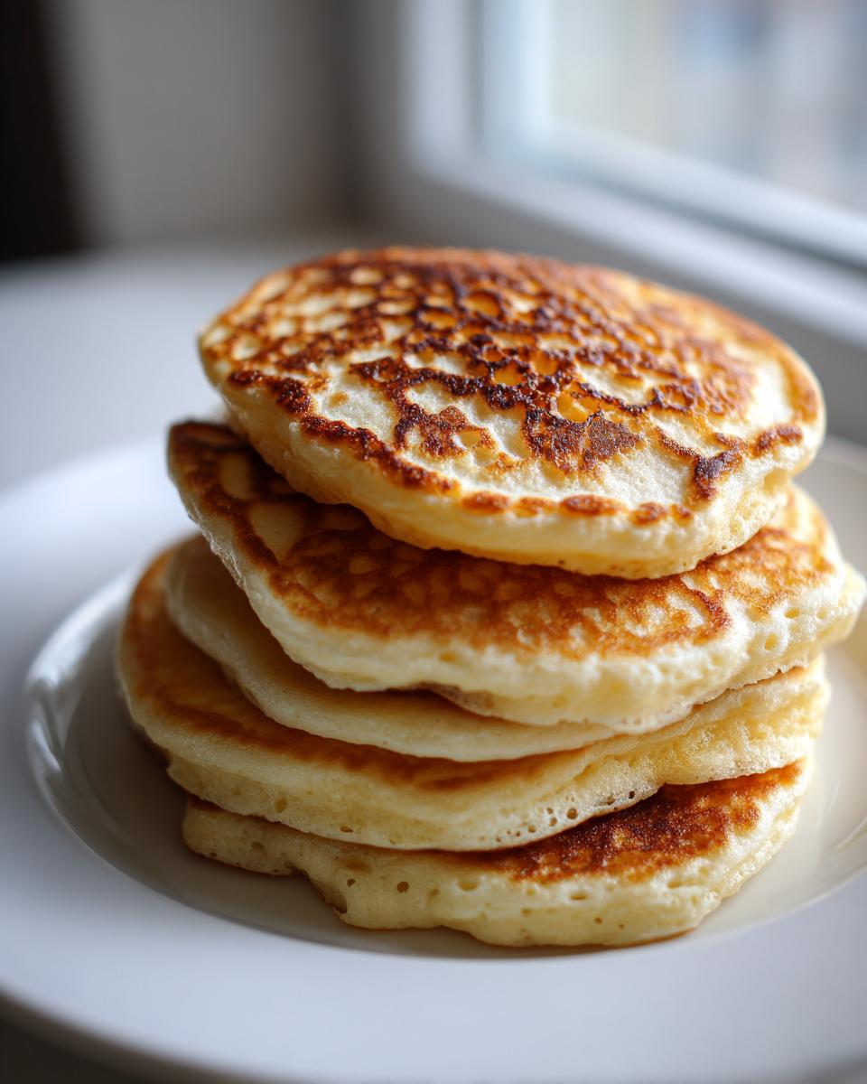 A tall stack of four golden brown sourdough discard pancakes with beautiful lacy browning.