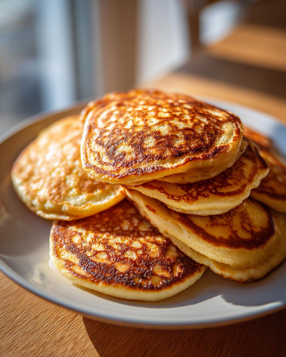A close-up stack of golden brown sourdough discard pancakes with beautiful lacy browning on a light plate.