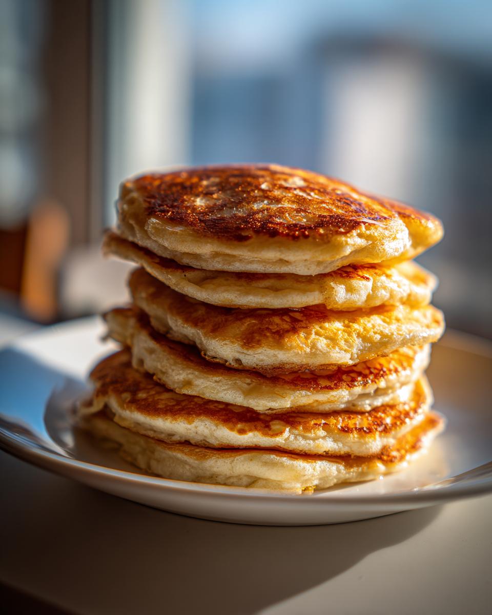 A tall stack of golden brown sourdough discard pancakes on a white plate, backlit by window light.