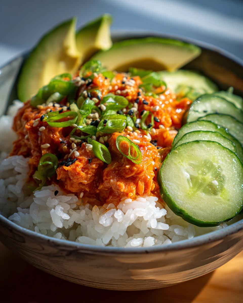 Close-up of a spicy tuna rice bowl topped with sesame seeds, green onions, sliced avocado, and cucumber.