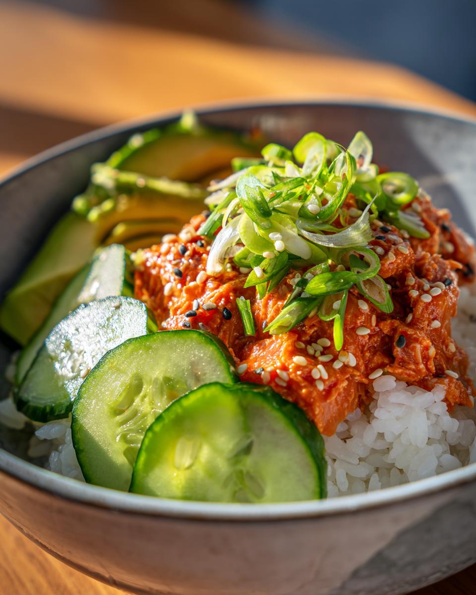 Close-up of a vibrant tuna rice bowl topped with spicy seasoned tuna, sliced cucumber, avocado, and green onions.