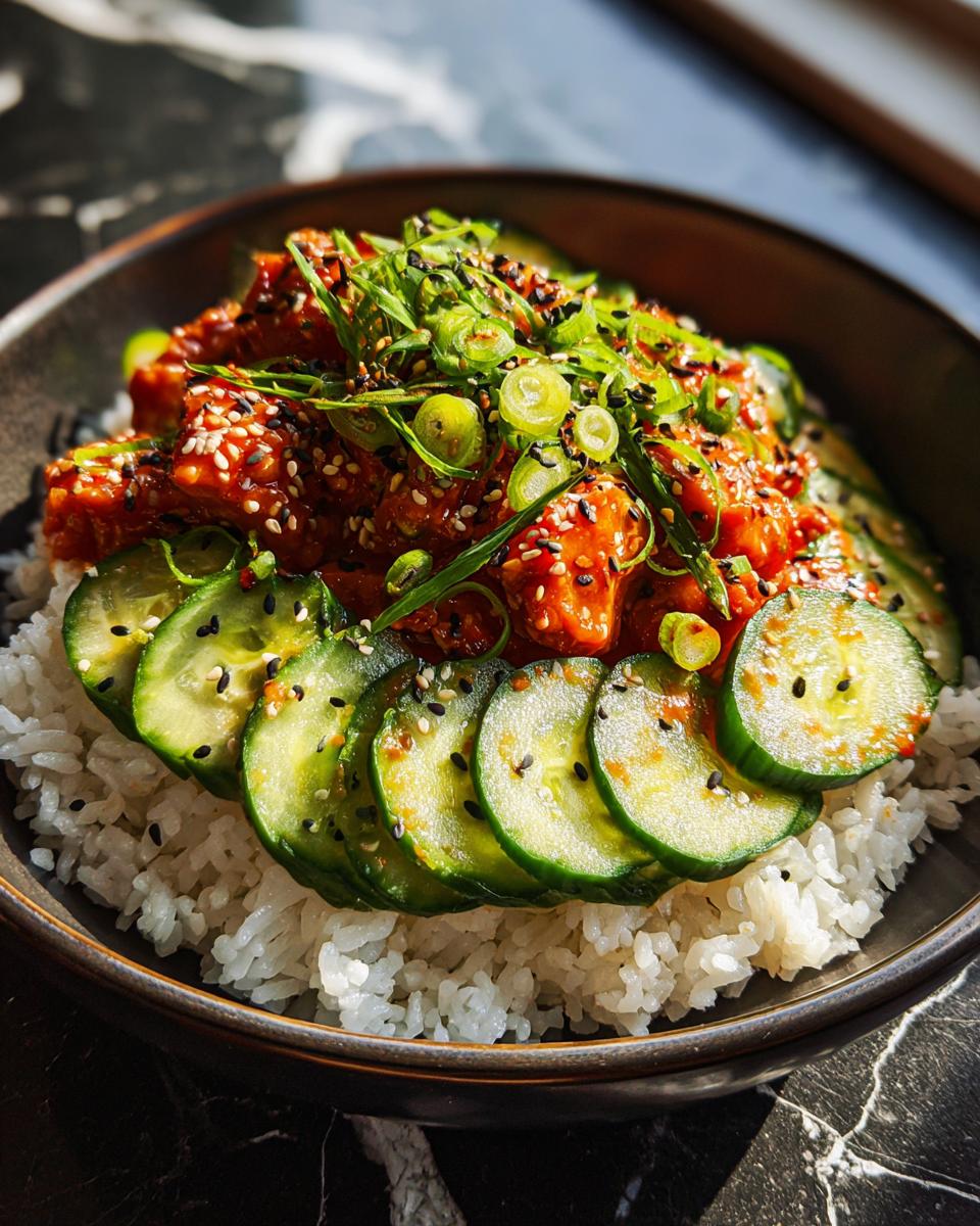Close-up of a vibrant tuna rice bowl featuring spicy seasoned tuna over white rice, garnished with sliced cucumbers and green onions.