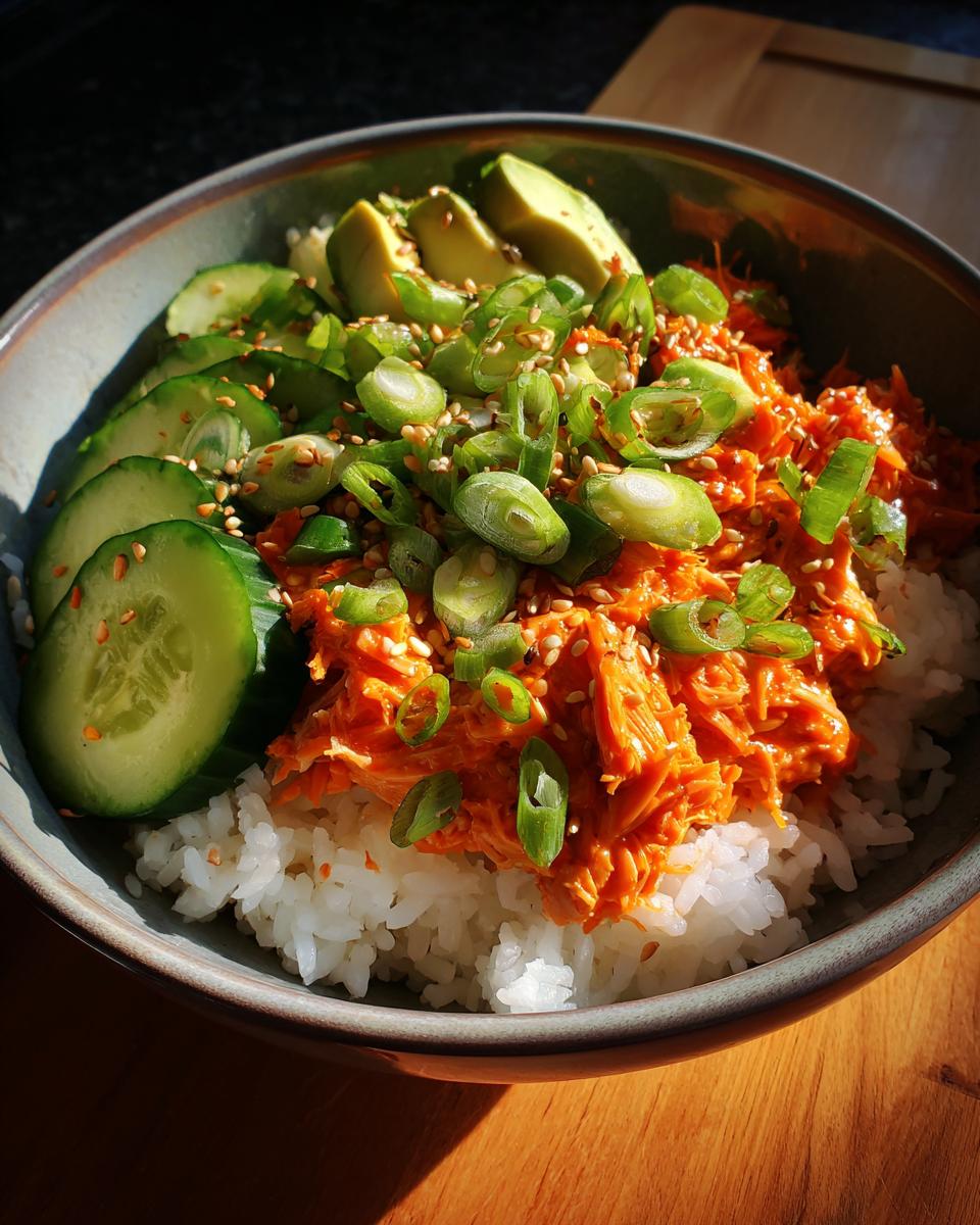 Close-up of a vibrant tuna rice bowl topped with spicy orange tuna mixture, sliced cucumber, avocado, and green onions.