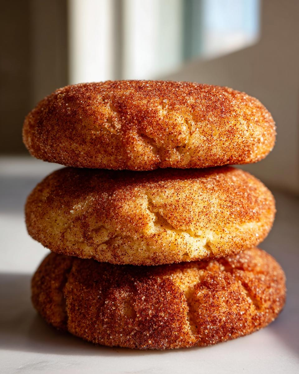 Close-up of three soft, thick snickerdoodle cookies stacked vertically, coated in cinnamon sugar.