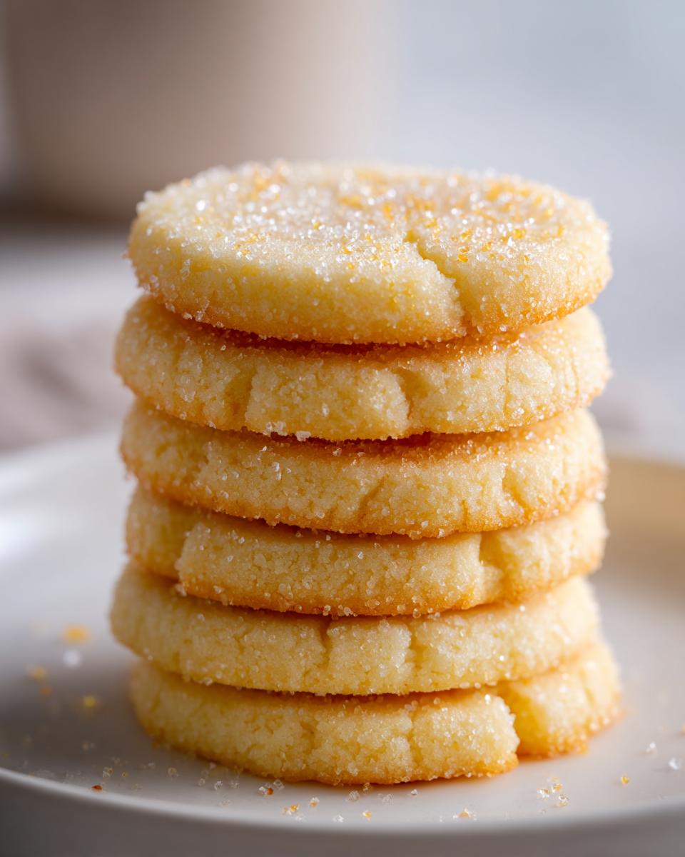 A tall stack of six golden, round butter cookie slices topped with sparkling sugar.