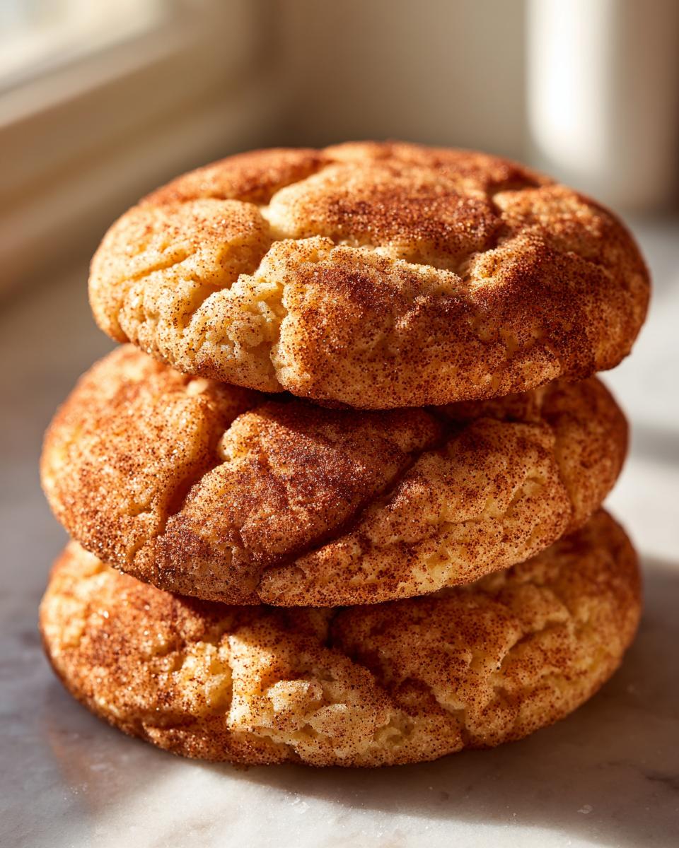 Close-up of three soft, chewy snickerdoodle cookies stacked on a marble surface, coated heavily in cinnamon sugar.