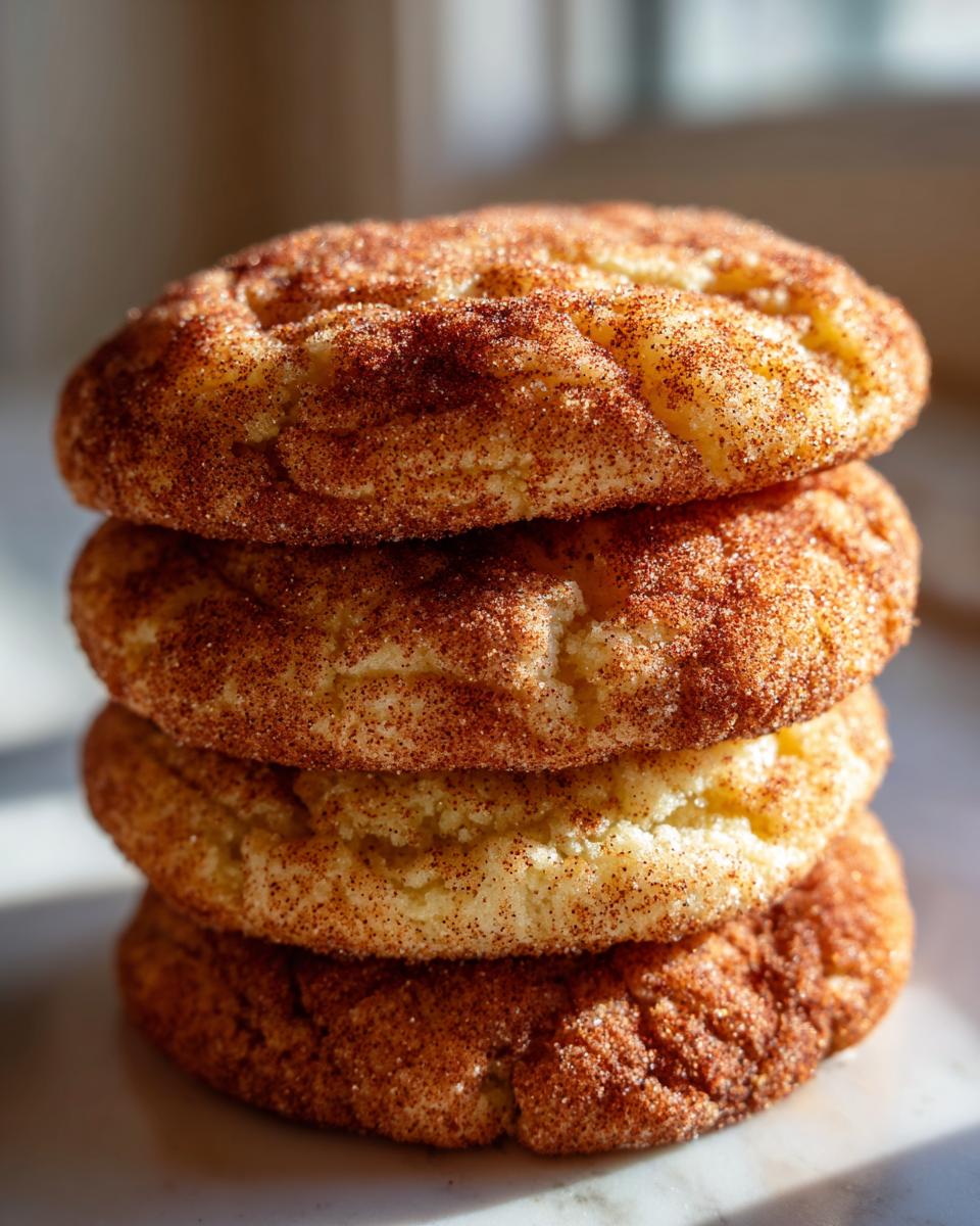 A vertical stack of four soft, chewy snickerdoodle cookies heavily coated in cinnamon sugar.