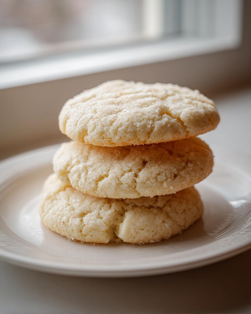 A stack of three soft, round sugar cookies coated in sparkling granulated sugar.