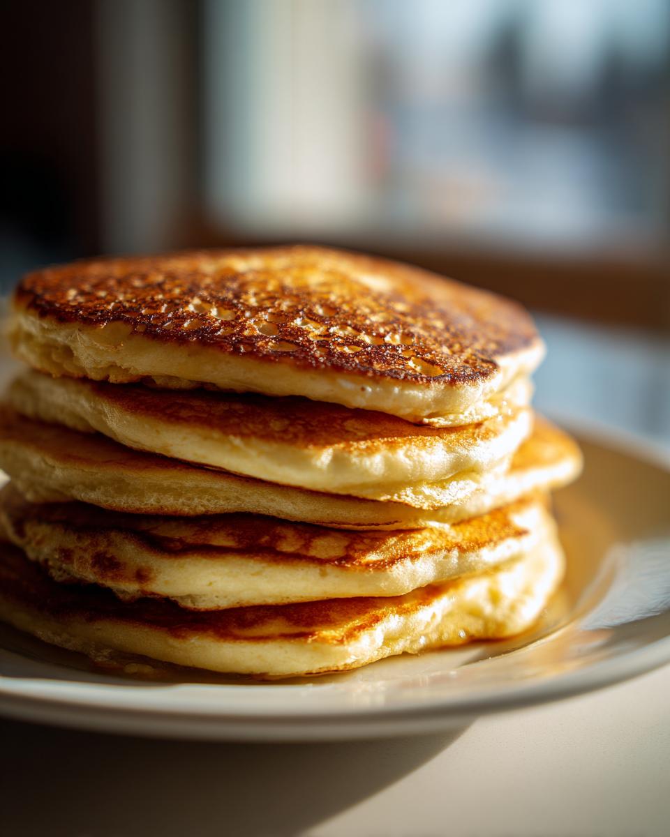Close-up of a tall stack of golden brown sourdough discard pancakes on a white plate.
