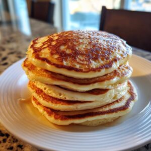 A tall stack of fluffy sourdough discard pancakes drizzled with syrup on a white plate.