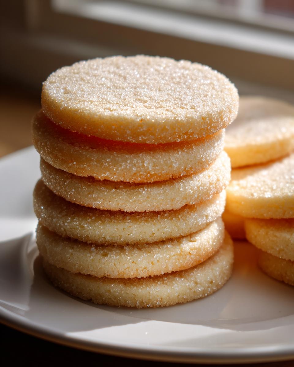 A close-up stack of five perfectly round, golden butter cookie rounds generously coated in sparkling sugar.