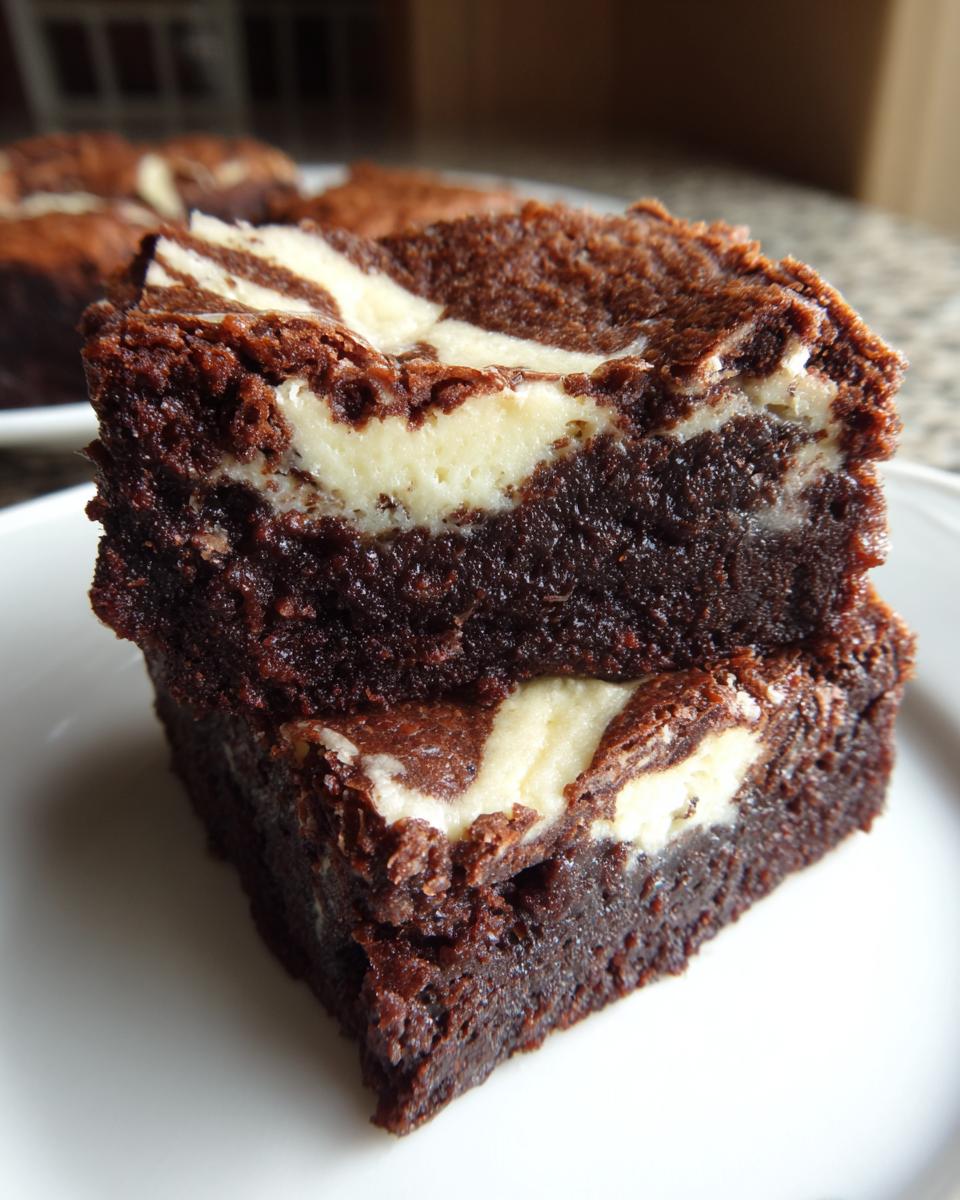 Two stacked, fudgy cream cheese brownies showing a rich chocolate swirl pattern.