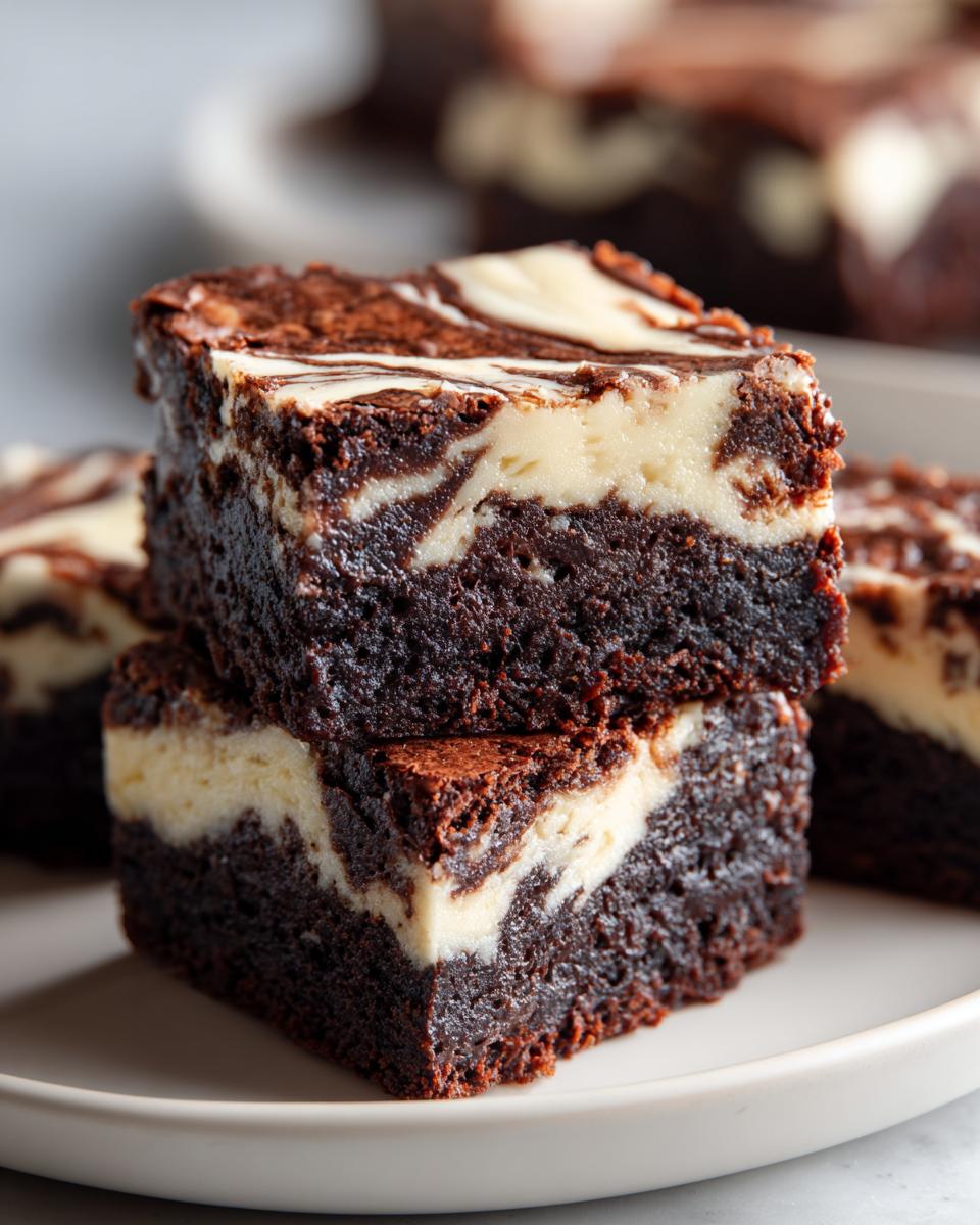 Two stacked, rich chocolate cream cheese brownies showing a distinct white cream cheese swirl layer.