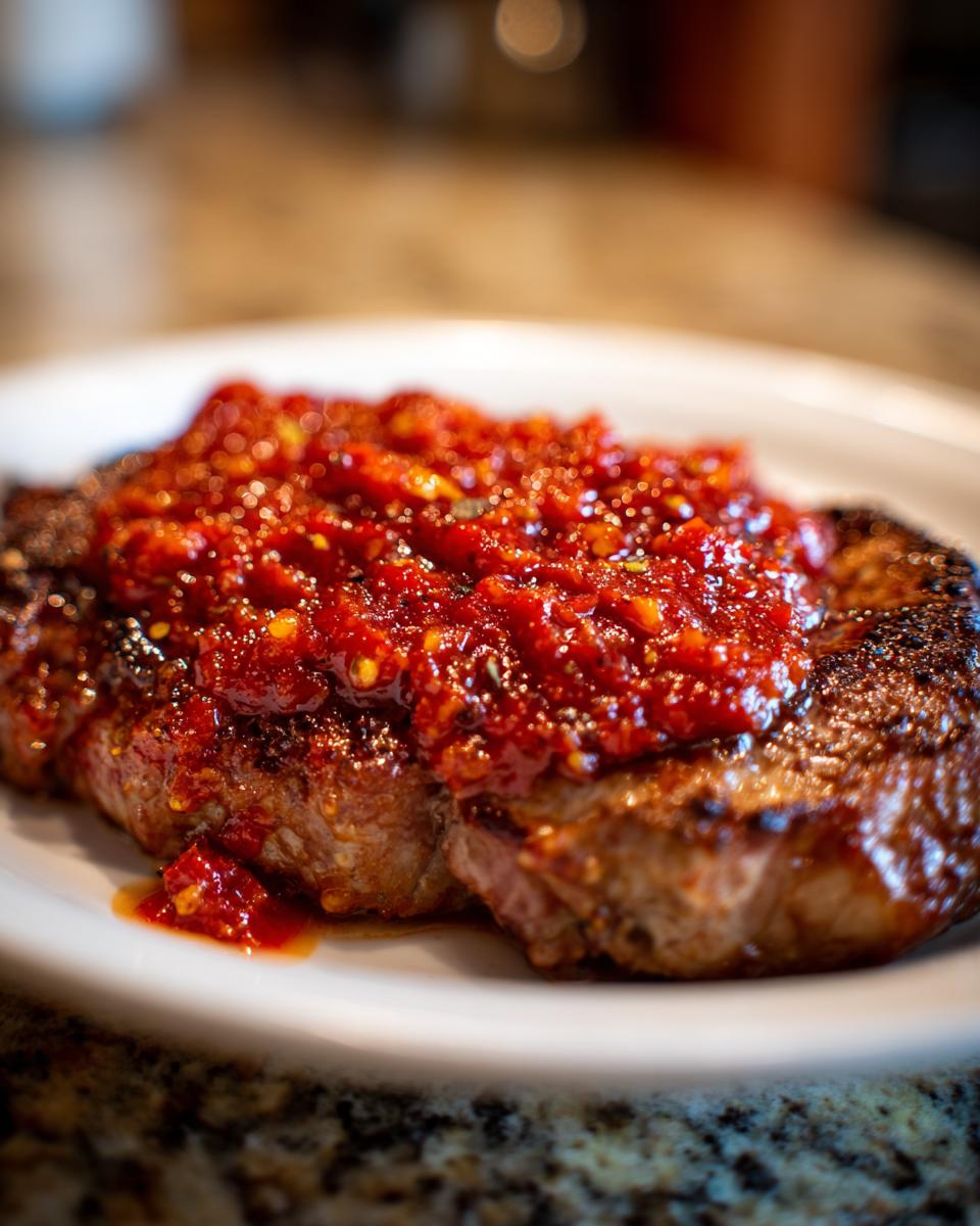 Close-up of a perfectly seared steak topped generously with vibrant red sauce for steak pizzaiola.