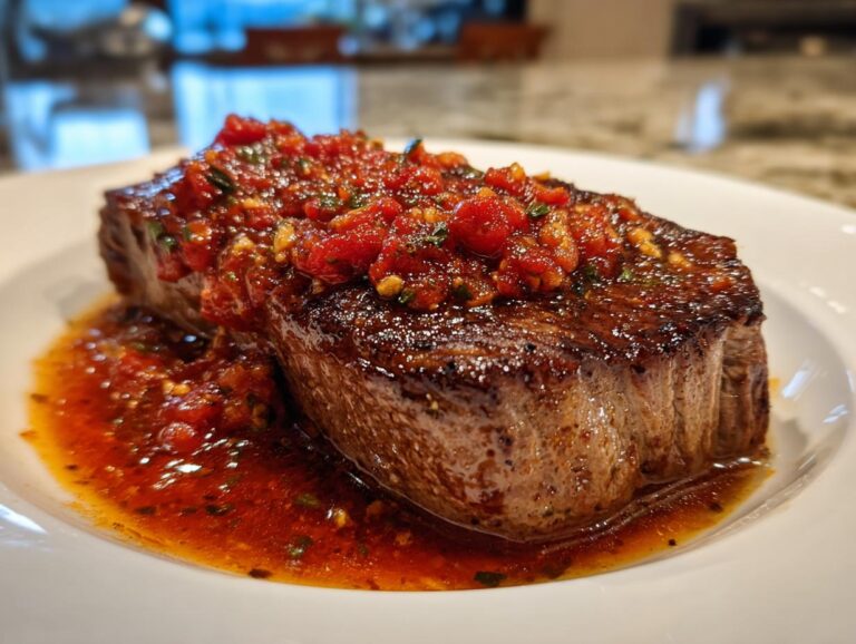 Close-up of a juicy steak pizzaiola served on a white plate, covered in a vibrant red tomato and herb sauce.