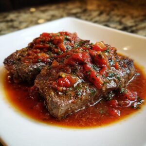 Two portions of juicy steak pizzaiola covered in chunky tomato sauce and herbs on a white plate.