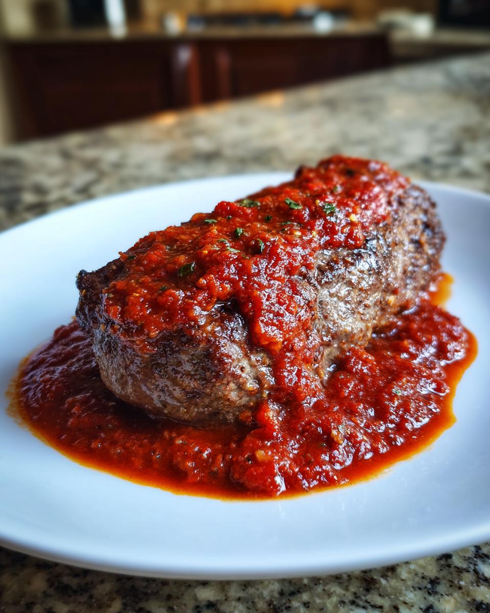 A thick cut of seared steak generously topped with bright red tomato sauce, served on a white plate, ready for steak pizzaiola.