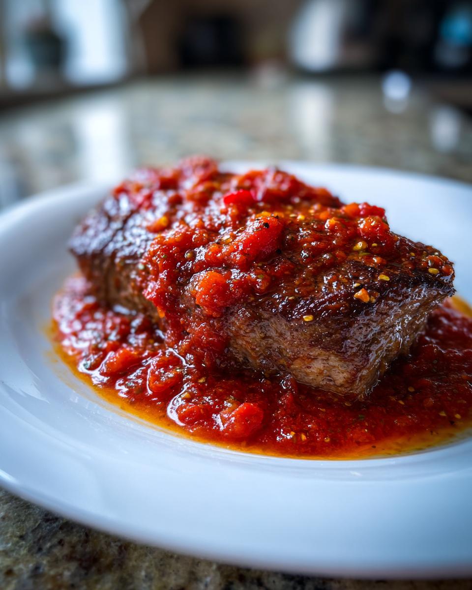 Close-up of a perfectly cooked steak pizzaiola smothered in chunky, vibrant red tomato sauce on a white plate.
