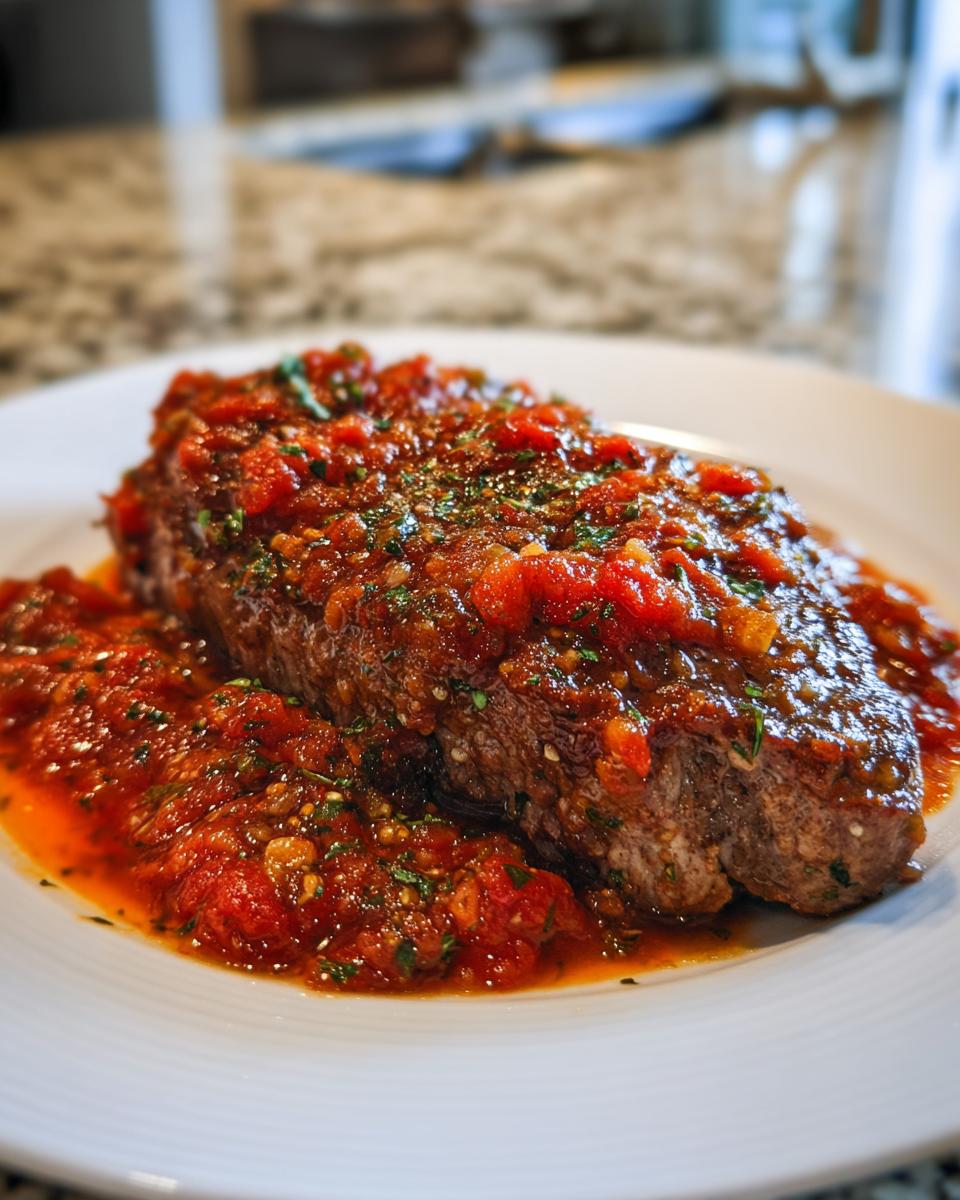 Close-up of a thick steak smothered in rich, chunky tomato sauce, prepared as steak pizzaiola.