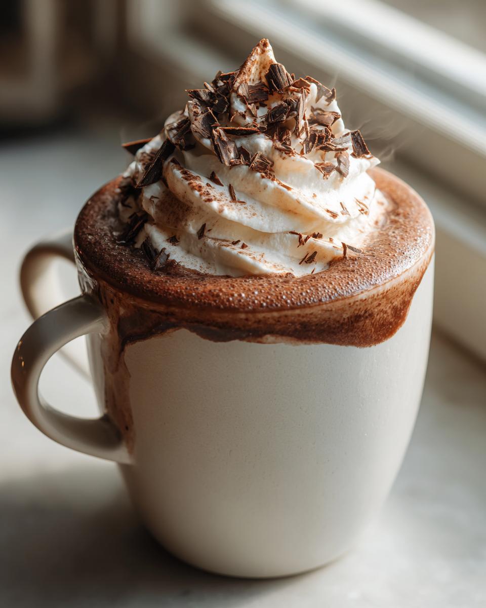 A close-up of a steaming mug of boozy hot chocolate topped with whipped cream and chocolate shavings.