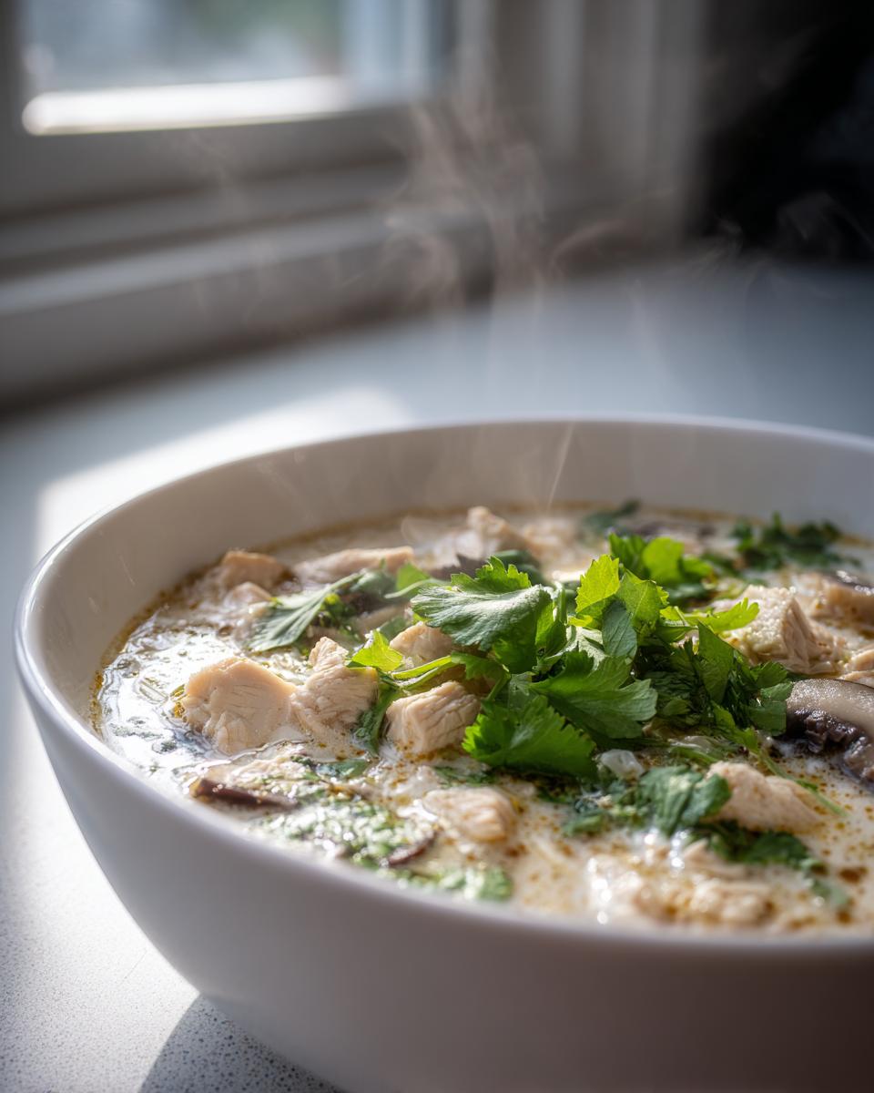 Close-up of a steaming white bowl filled with creamy coconut soup, chunks of chicken, mushrooms, and fresh cilantro.