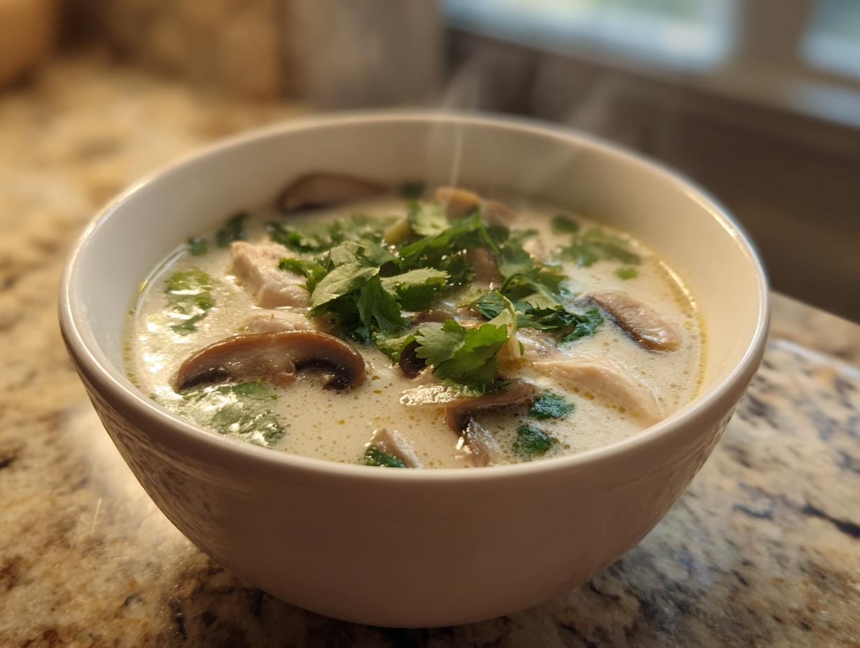 A close-up of a steaming white bowl filled with creamy coconut soup, featuring chicken, sliced mushrooms, and fresh cilantro.