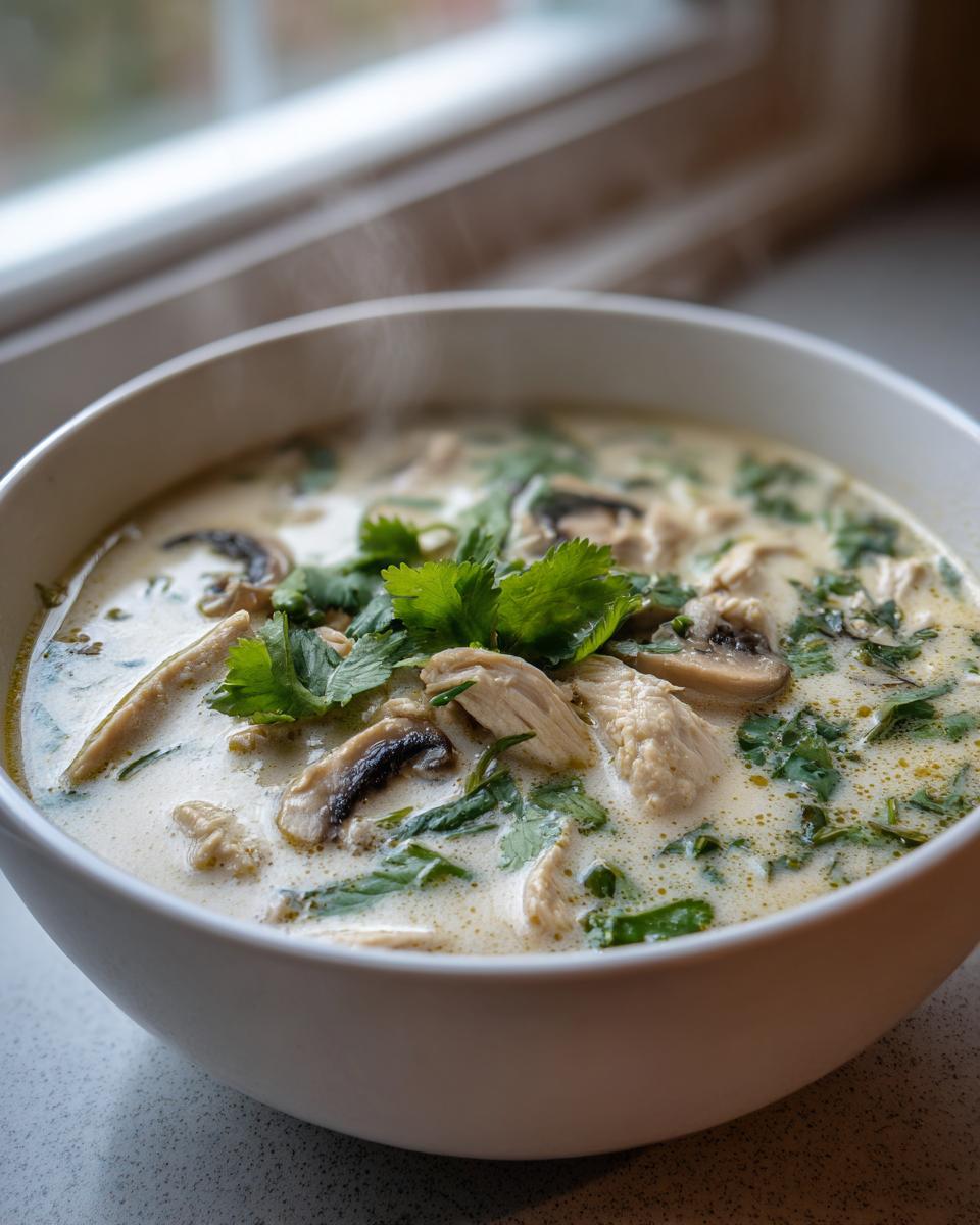 Close-up of a steaming white bowl filled with creamy coconut soup, featuring sliced chicken, mushrooms, and fresh cilantro.