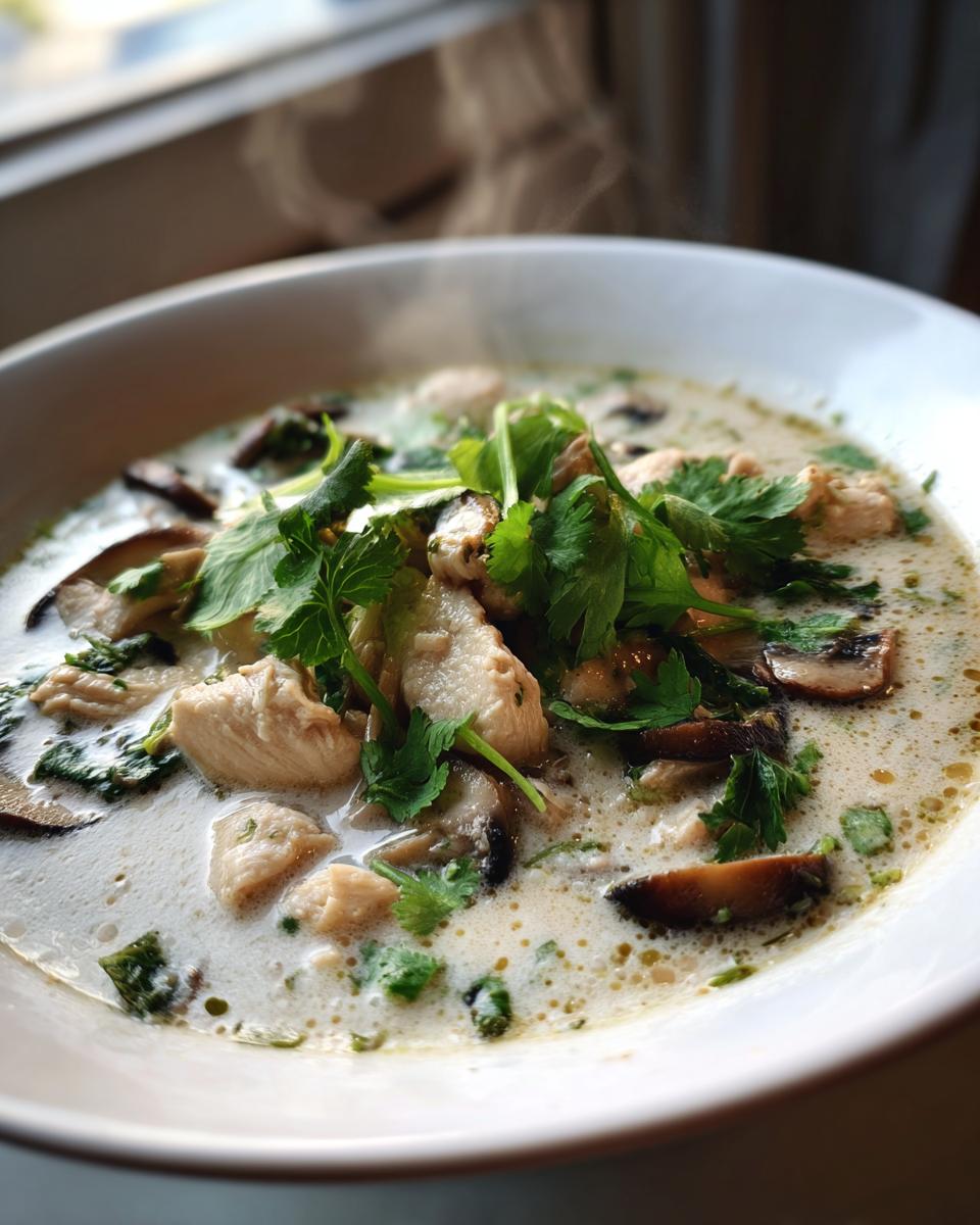 Close-up of a steaming bowl of creamy coconut soup with chunks of chicken, sliced mushrooms, and fresh cilantro garnish.