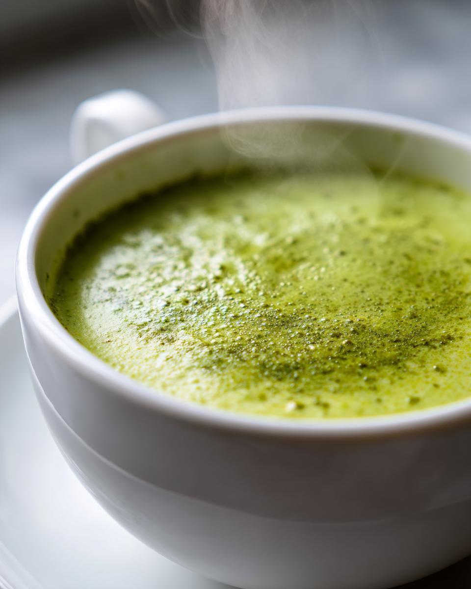 Close-up of steaming, creamy green celery soup in a white mug, showing frothy texture.