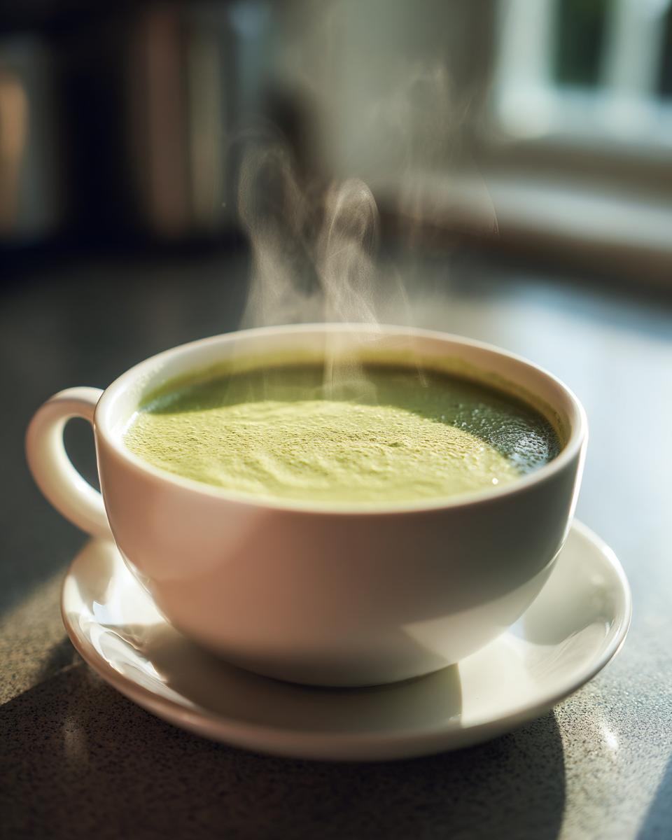 Close-up of a steaming white mug filled with creamy green celery soup, sitting on a saucer.
