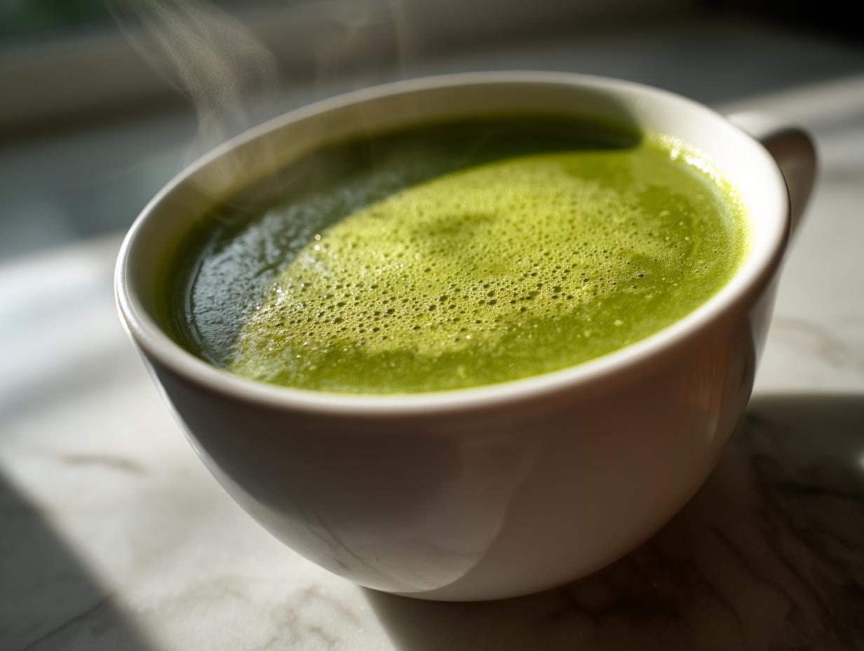 Close-up of steaming, vibrant green creamy celery soup in a white mug on a marble surface.