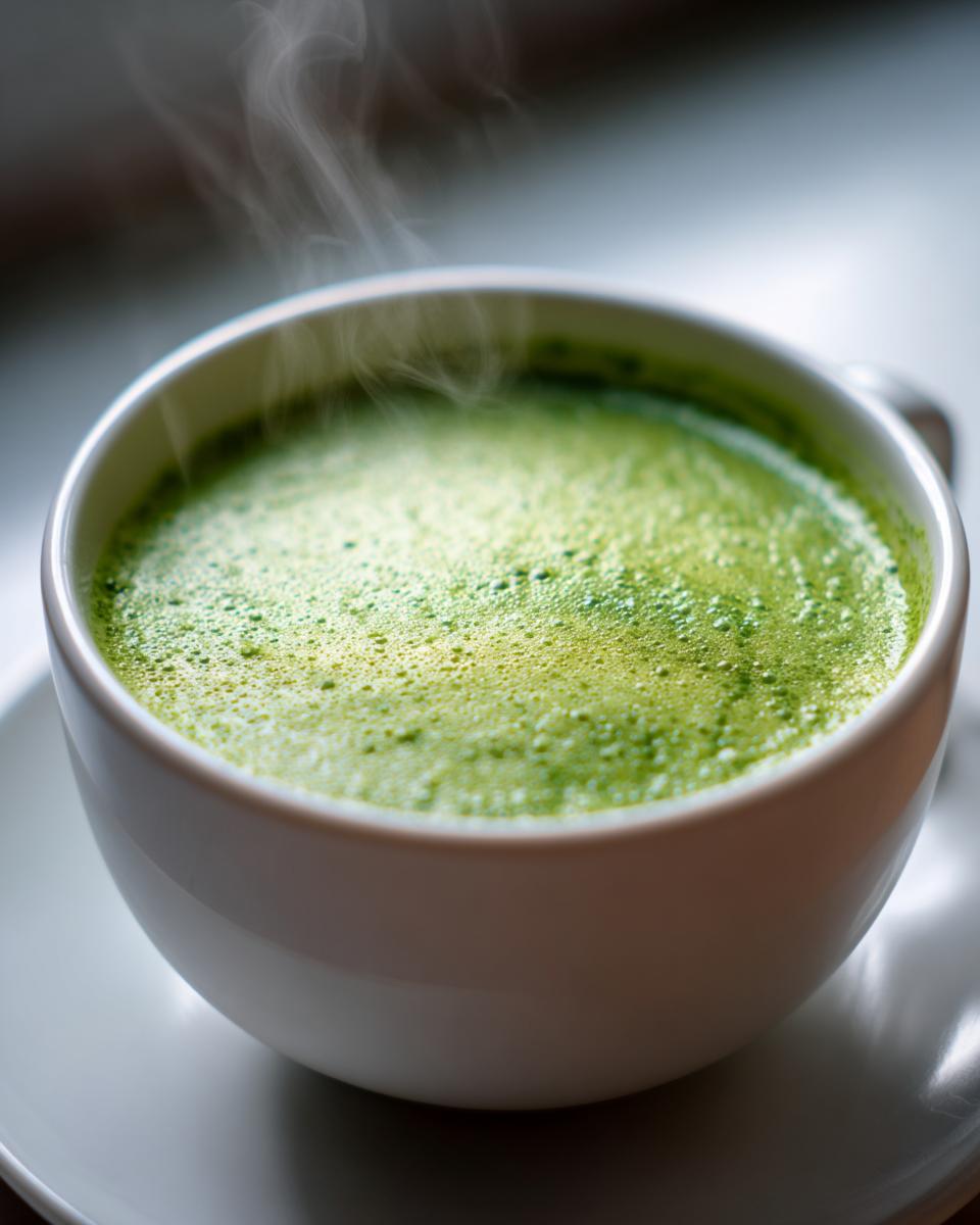 Close-up of a white mug filled with hot, bright green, frothy celery soup, with steam rising.