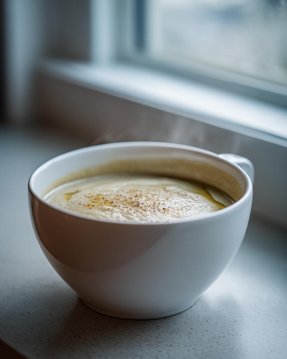 Close-up of a steaming white bowl filled with creamy roasted cauliflower soup, topped with cracked pepper.