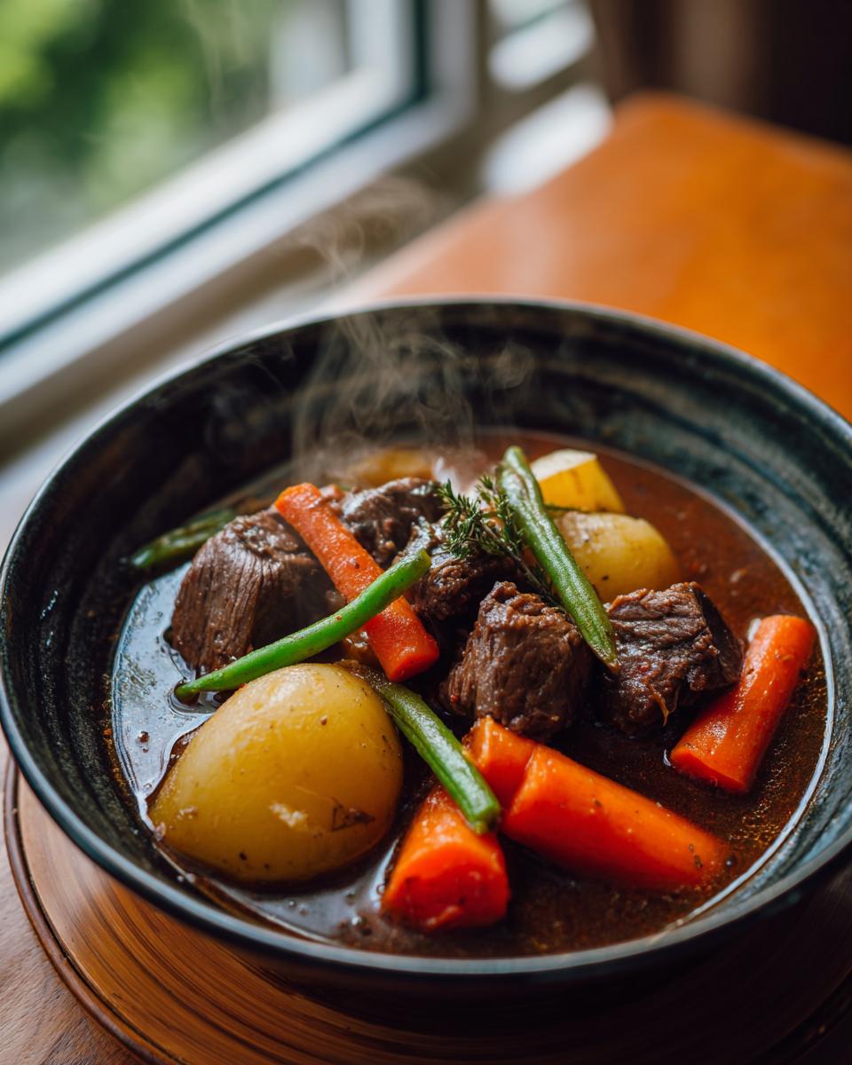 Close-up of a steaming bowl of hearty vegetable beef soup with chunks of beef, carrots, potatoes, and green beans.