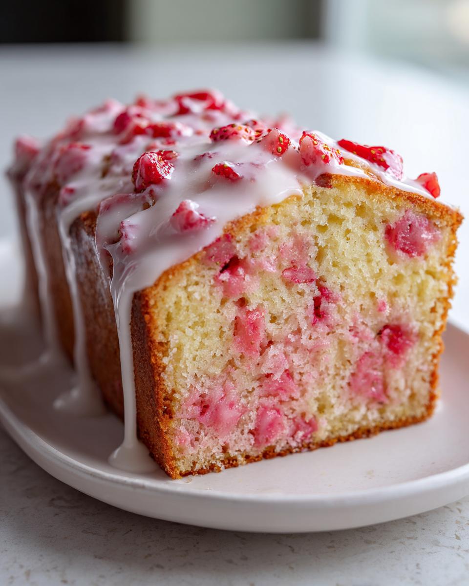 A thick slice of moist strawberry bread studded with pink fruit, topped with white glaze and fresh strawberries.