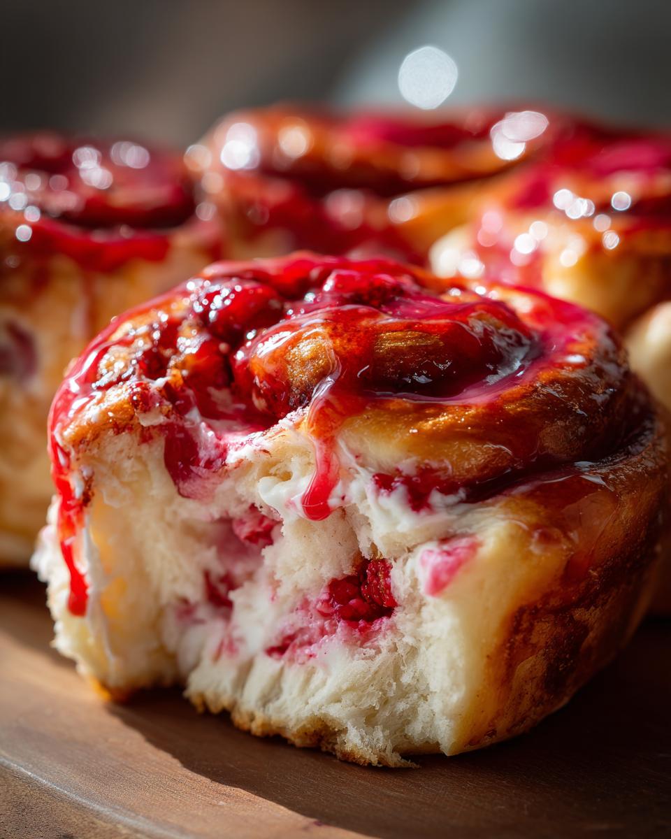 A close-up of a bite taken out of a Strawberry Cheesecake Sweet Roll, showing fluffy dough, cream cheese filling, and strawberry glaze.
