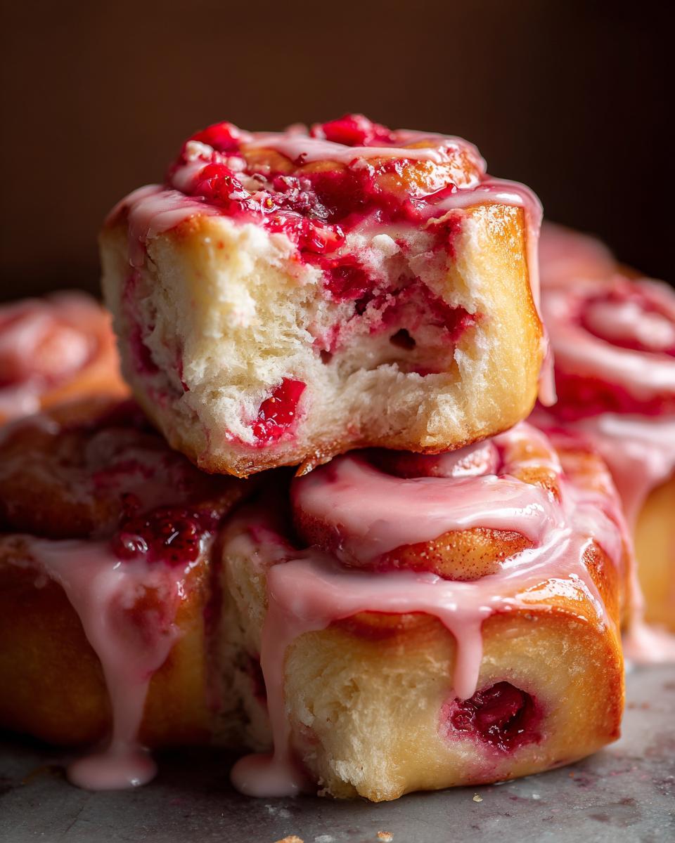 Close-up of fluffy Strawberry Cheesecake Sweet Rolls stacked, dripping with pink cheesecake glaze and showing bright red strawberry filling.